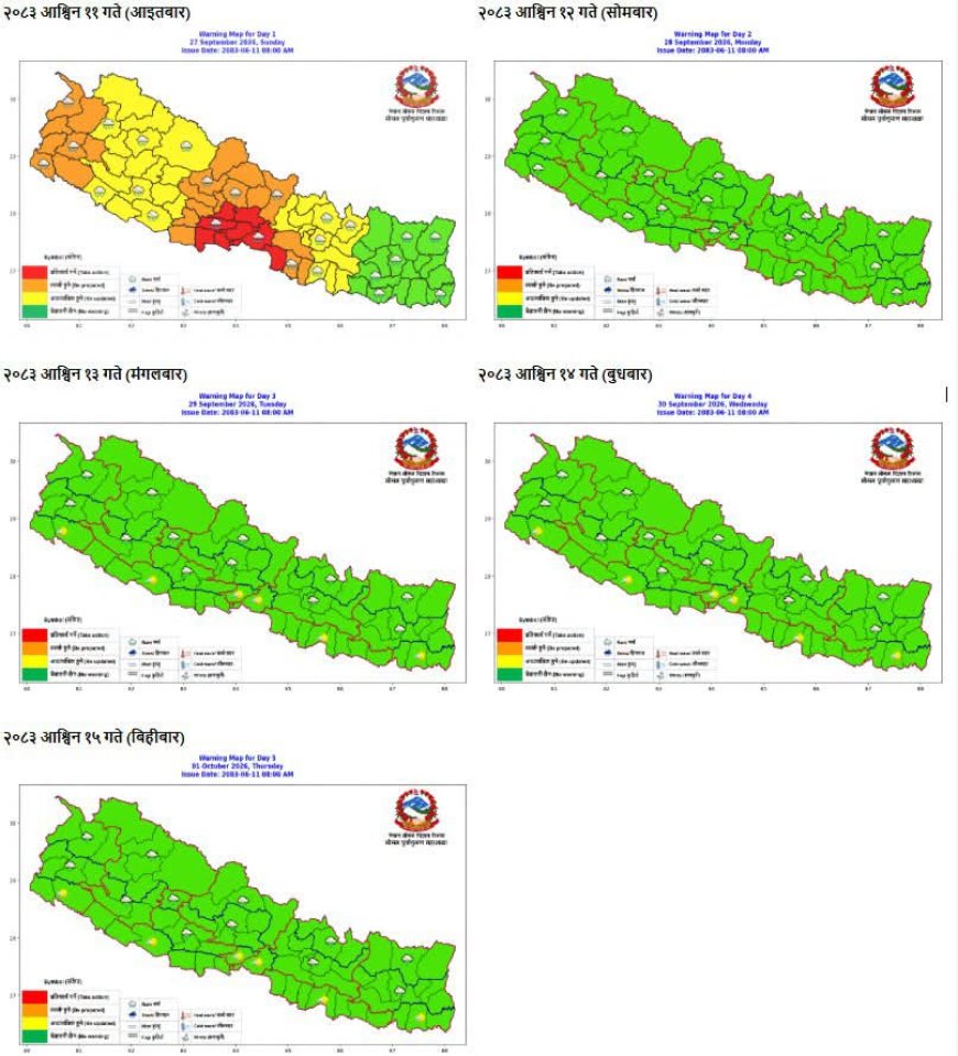 पाँच दिनको मौसम चेतावनी नक्सा सार्वजनिक, विभिन्न क्षेत्रमा जोखिम कायमै